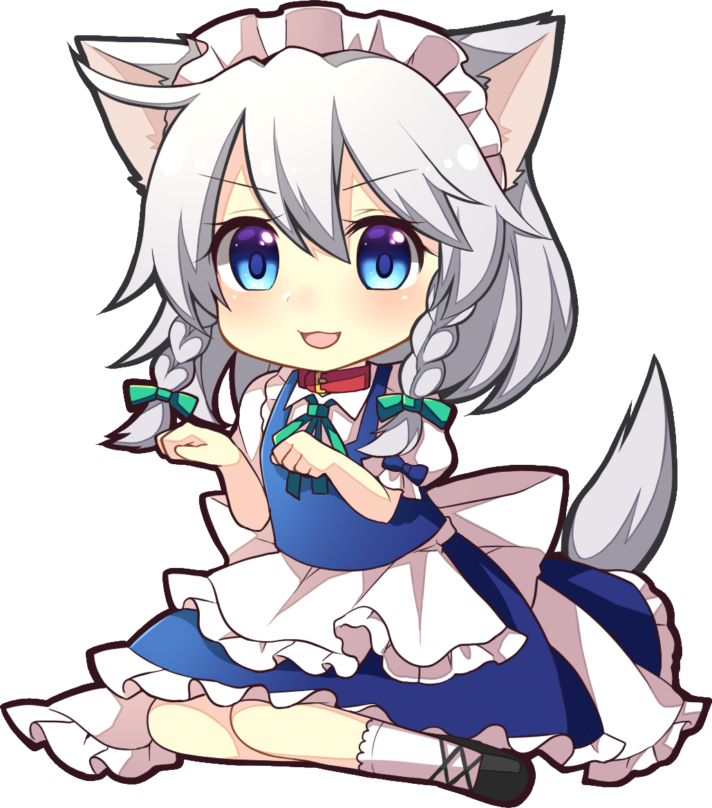 Izayoi Sakuya, looking at the viewer, adorned with wolf-like ears and holding her hands in front of her chest, clenched into loose fists.